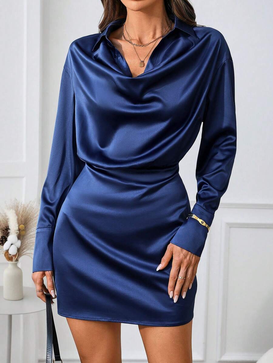 SHEIN Frenchy Women Solid Color Draped Neck Long Sleeve Elegant Short Dress