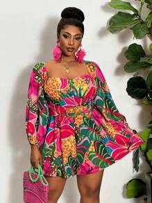 Slaydiva 大码女式热带花卉印花露肩连体裤，度假风格