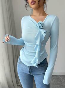 Elenzga Women 3D Flower Decor Long Sleeve T-Shirt, Simple Commute Style
