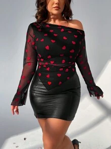 SHEIN Privé Atasan Lengan Panjang Ukuran Besar Elegan Minimalis Romantis Chic Y2K Motif Hati Jala Berbulu dengan Hem Berkerut Asimetris untuk Hari Valentine - Hitam - View 6