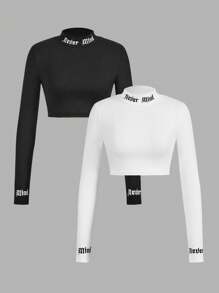 SHEIN ICON Camiseta de manga larga ajustada y corta con cuello alto en estilo Y2K, a juego para familia/hermanas en negro y blanco