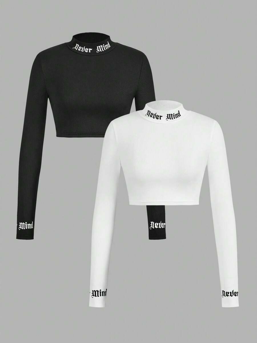 SHEIN ICON Camiseta de manga larga ajustada y corta con cuello alto en estilo Y2K, a juego para familia/hermanas en negro y blanco