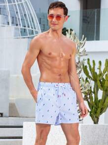 Manfinity Swimmode Men's Allover Print Front Tie Simple Beach Shorts, Casual Vacation
