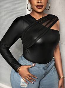 Slaydiva Plus Size Women Asymmetric Collar PU Leather Splice Long Sleeve Fitted T-Shirt