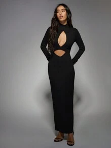 MISSGUIDED Sultry High Neck Cut-Out Long Sleeve Ribbed Bodycon Maxi Dress Evening Party Form-Fitting Elegant - Black - View 4