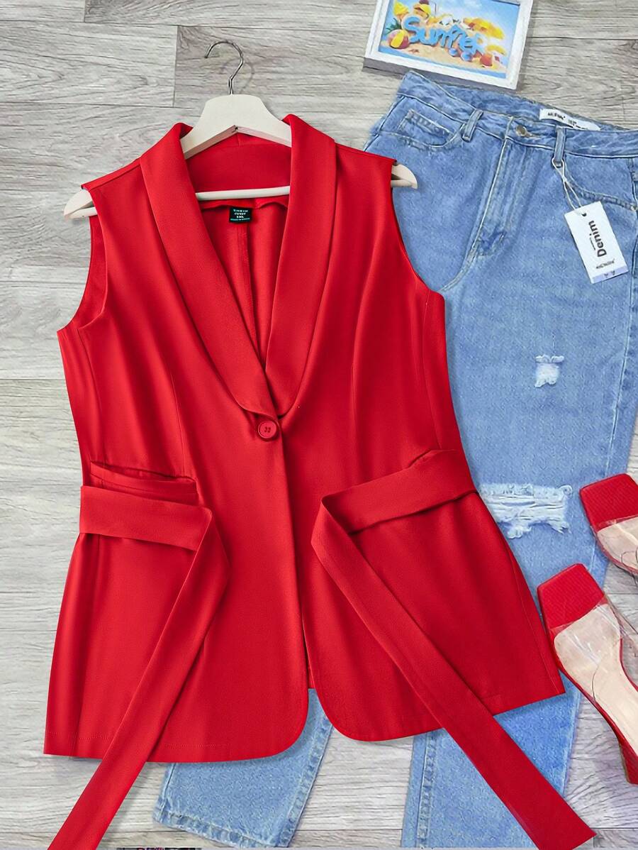 SHEIN LUNE Plus Size Women Spring & Summer Casual Versatile Waist Cinched Sleeveless Blazer
