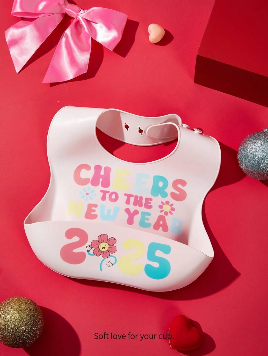 Cozy Pixies 2025 New Year Happy New Year Baby Bibs, Waterproof Silicone Anti-Dirty Anti-Leakage Feeding Bib Suitable For Babies All Seasons - Pink - View 1