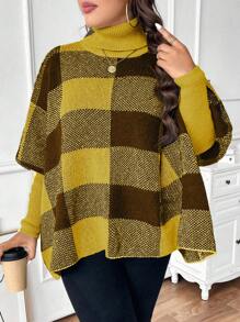 SHEIN Unity Plus Size Turtle Neck Long Sleeve Plaid Casual Pullover Sweater Knit Pullover Fall Winter Sweater