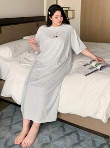 Dazy Plus 宽松长款卡通图案圆领 T 恤式睡裙，四季睡衣 - 灰色 - 查看 7