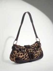 SHEIN BAE Bolso de hombro de mujer estampado de leopardo patchwork PU para ir a la ciudad, bolso de con estampado de leopardo para mujer, el leopardo está de vuelta