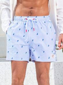 Manfinity Swimmode Men's Allover Print Front Tie Simple Beach Shorts, Casual Vacation