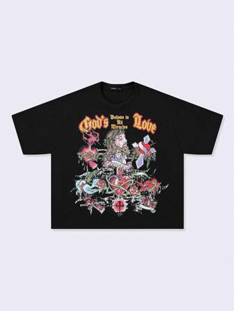 Goth Camiseta gráfica de ajuste corto holgado con hombros caídos para hombre