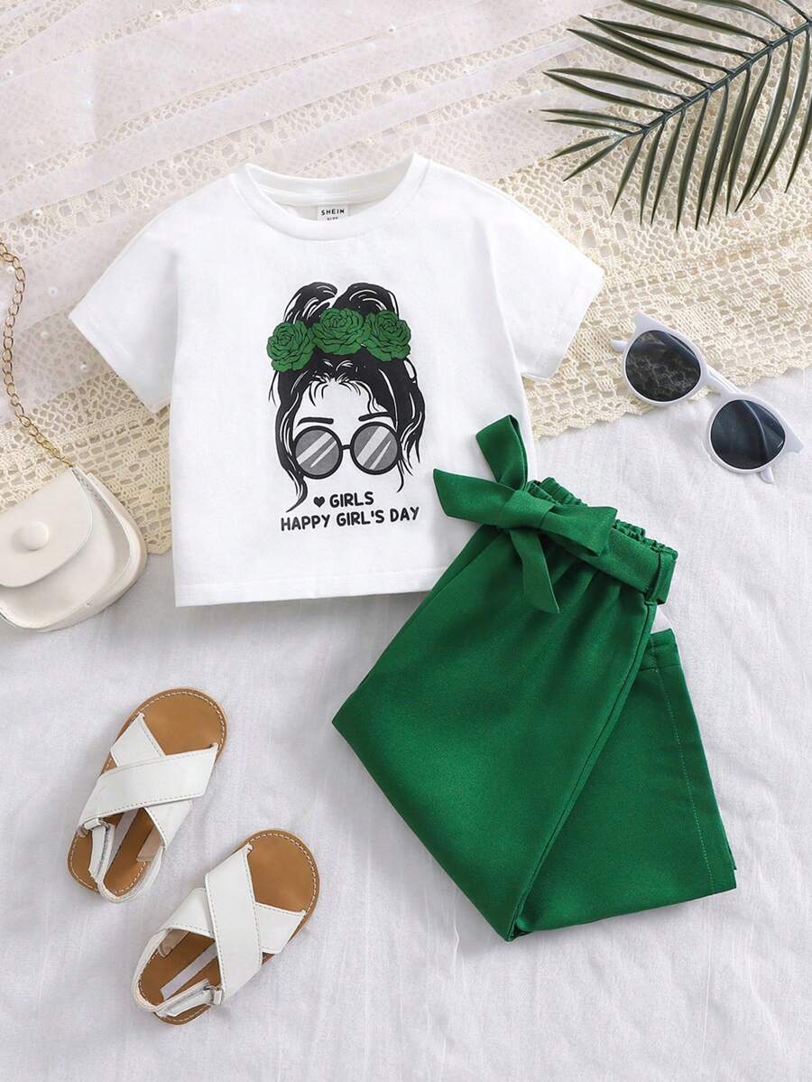 SHEIN Baby Girls Cute Cartoon Print Top And Pants 2 Pieces Set, Summer