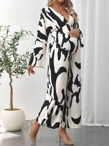 SHEIN Combinaison ample de maternité à imprimé graphique, jambe large, décolleté sexy - Noir et Blanc - Voir 4
