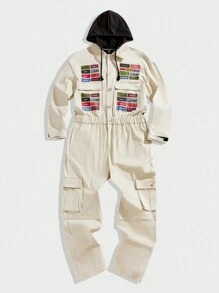 Manfinity VCAY Men's Fashionable Color Block Letter Print Jumpsuit, Autumn