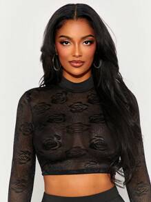 SHEIN SXY Valentine's Day Black Rose Lace Patchwork Sheer Long Sleeve Top And Black Footless Pants Sexy 2 Pieces Set For Women