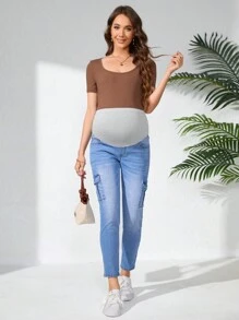 SHEIN Adjustable Waist Work Pockets Skinny Maternity Casual Jeans - Light Wash - View 5