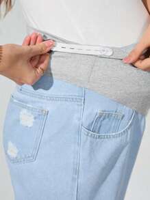 SHEIN Adjustable Waist Ripped Casual Straight Leg Maternity Jeans - Light Wash - View 5