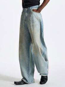 NEON BLANC Men's Street Style Light Blue Fashion Loose Fit Wide Leg Long Denim Jeans