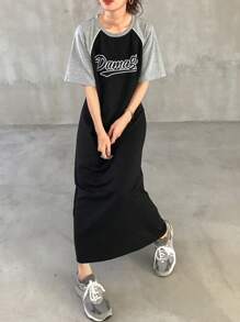 FRIFUL 女士彩色块字母印花收腰中长连衣裙 - 黑色 - 查看 2