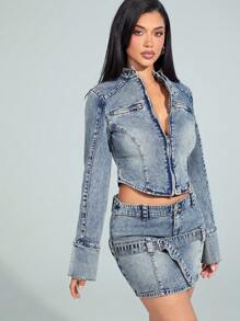 Denimoi 女士简约前扣腰牛仔半身裙，休闲与度假 - 中等水洗藍 - 查看 4