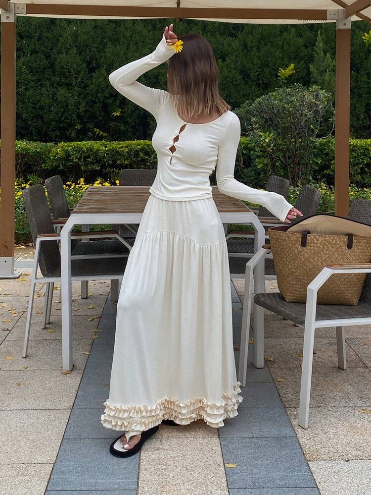 2 Pieces Set Solid Color Fitted Long Sleeve T-Shirt With Flounce Hem A-Line Long Dress For Women,Ruffle,Fall Clothes