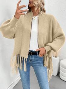 SHEIN LUNE Dames effen kleur drop shoulder lange mouwen rits voorkant casual vest voor herfst/winter