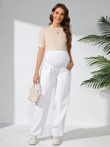 SHEIN Maternity Pocket Strawberry Graphic Casual Denim Jeans - White - View 3