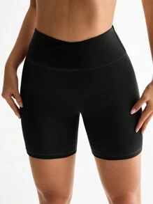 Easithlete 女士纯色高腰简约修身休闲运动短裤 - 黑色 - 查看 5