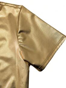 Manfinity AFTRDRK 男士纯色前扣短袖休闲衬衫，日常/休闲装 - 金色 - 查看 3