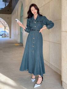DAZY 女士休闲牛仔连衣裙，简约时尚，日常穿着。 - 藍色 - 查看 3