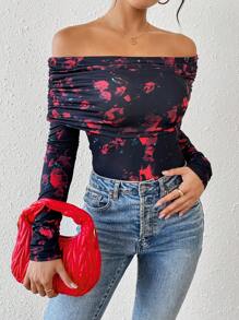 Chiquease Valentine's Day Women Ruched Off-Shoulder Rose Floral Print Bodycon Long Sleeve Bodysuit - Multicolor - View 4