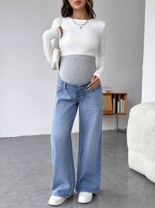 SHEIN Maternity Loose Straight Leg Jeans With Elastic Waistband