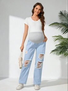 SHEIN Adjustable Waist Ripped Casual Straight Leg Maternity Jeans - Light Wash - View 6