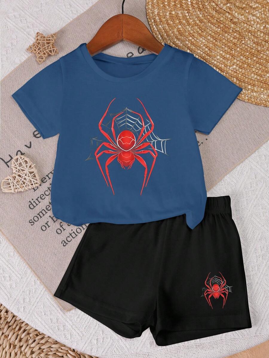 SHEIN 2 件套男婴休闲百搭图案印花运动套装，适合春夏季户外穿着