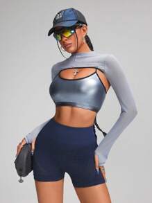 Innovista Conjunto de 2 piezas de ropa deportiva recortada para mujer, 2 piezas y 2 en 1 de sujetador deportivo y camiseta de piel sintética con estampado de láminas, conjuntos de entrenamiento de alta elasticidad, transpirables y secado rápido para gimnasio, de uso glamoroso y sexy para fiestas, de corte atrevido y único, para festivales de música, chándal, fuerza, yoga, barra, baile, primavera, bicicleta, ciclo, eléctrico, lencería, ropa interior, lujo, sudaderas, multiuso, modular, San Valentín