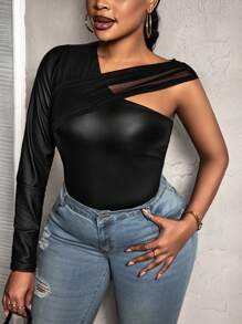 Slaydiva Plus Size Women Asymmetric Collar PU Leather Splice Long Sleeve Fitted T-Shirt