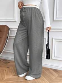 SHEIN Maternity Elastic Waist Drawstring Pocket Wide Leg Loose Casual Pants - Dark Grey - View 6