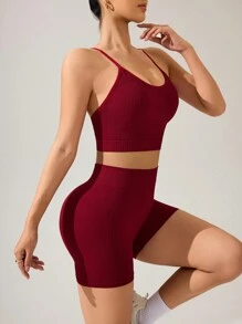 SHEIN 女士纯色交叉背心和短裤运动套装女士健身套装