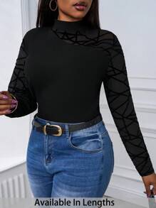 SHEIN PETITE CURVE Geo Mesh Yoke And Sleeve Rib-Knit Bodysuit - Black - View 1