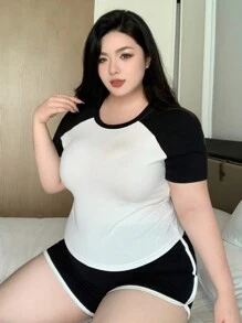 Dazy Plus 拼色短袖睡衣套装短裤家居服运动休闲四季