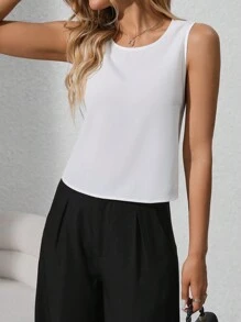 SHEIN Clasi Women Simple Solid Color Round Neck Sleeveless Bow Decor Blouse - White - View 4