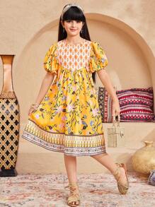 SHEIN Leap Crew Lockeres, legeres A-Linien-Kleid mit Rundhalsausschnitt, Blumenmuster und Patchwork - Gelb - Übersicht 4