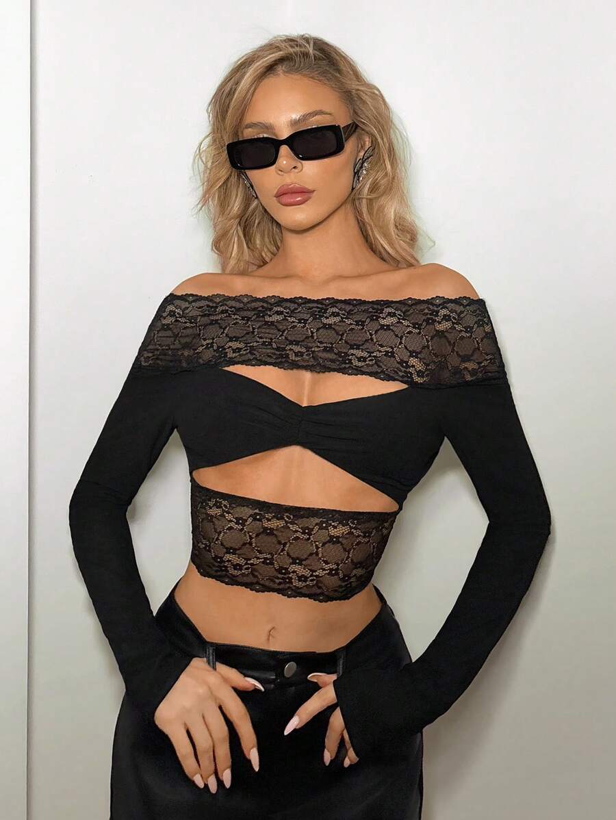 SHEIN ICON 女款修身露肩蕾丝拼布镂空 T 恤 - 黑色 - 查看 1