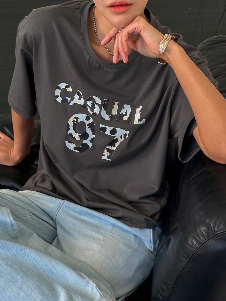 Damen Leoparden-Muster Buchstaben Grafik Locker Lässig Kurzarm Rundhals T-Shirt, Sommer Top Herbst Oberteile
