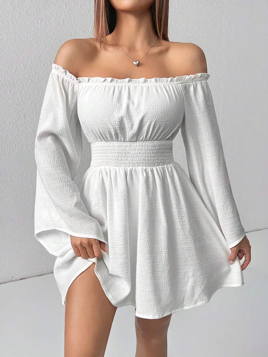 SHEIN PETITE Off-The-Shoulder Frilled Ruffled Sleeves Bell-Sleeved Printed Dress,Summer Dresses
Spring Clothes - White - View 1