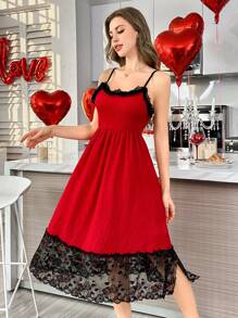 情人节心形撞色蕾丝拼布红色荷叶边下摆提花吊带裙
