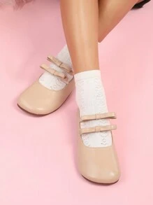 CUCCOO DOLLMOD Women's Round Toe Cute Double Strap Bowknot Mary Jane Flats, School Style Valentines Valentine's Day - Apricot - View 2