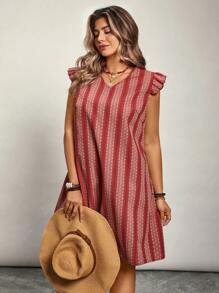 SHEIN VCAY Plus Size Women V-Neck Loose Straight Casual Cap Sleeve Striped Dress - Multicolor - View 4