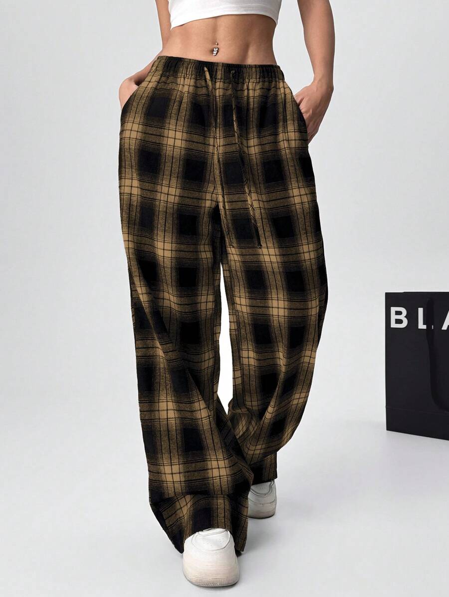 SHEIN EZwear Women's Relaxed Fit Brushed Plaid Tie Waist Pants With Pockets - Yellow - View 1
